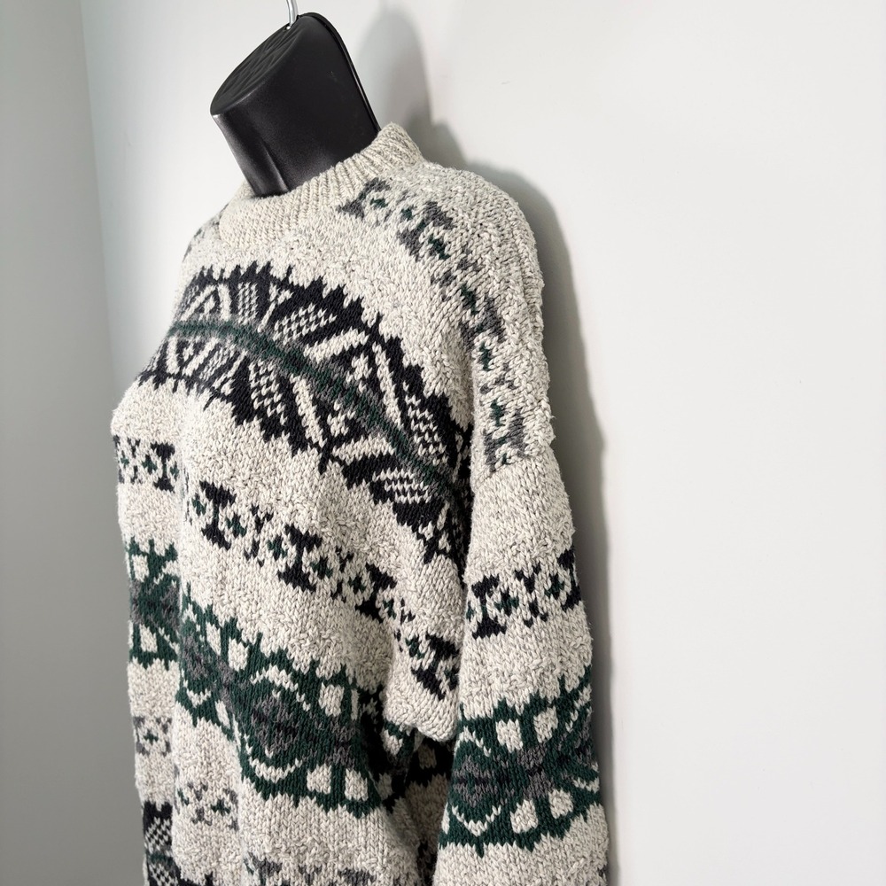 Fair Isle VTG Sweater Cotton Knit Large Grey Black Green - Picture 2 of 8